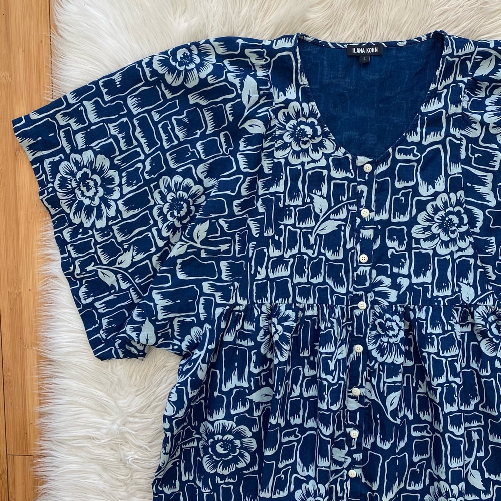 Ilana Kohn Brenda Maxi Dress Stone Flower Print Blue Front Abstract Oversized - Picture 3 of 9